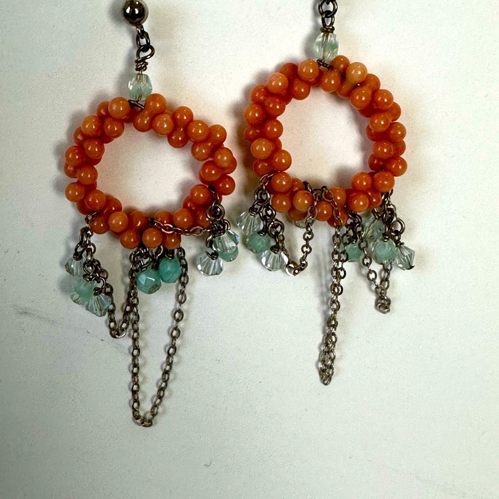 Pierced post earrings with dangling coral beads, silver and light turquoise